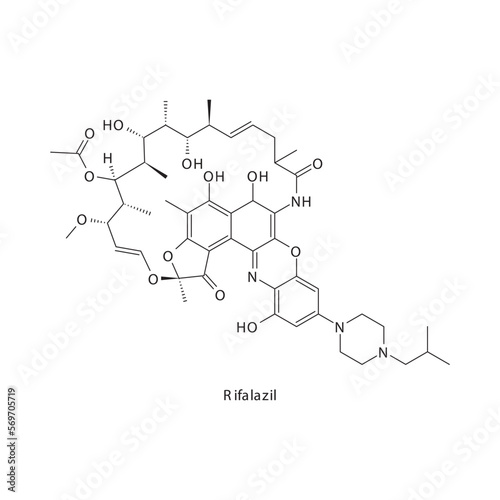 Rifalazil  flat skeletal molecular structure Rifamycin antibiotic drug used in  treatment. Vector illustration.