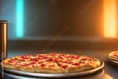 Hot tasty traditional italian pizza with salami, cheese, tomatoes greens on a dark background photo