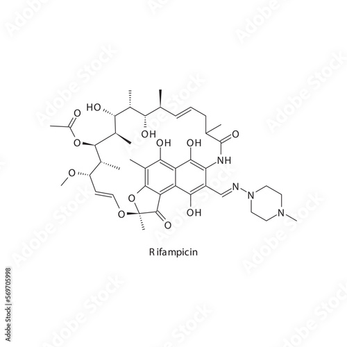 Rifampicin flat skeletal molecular structure Rifamycin antibiotic drug used in  treatment. Vector illustration.