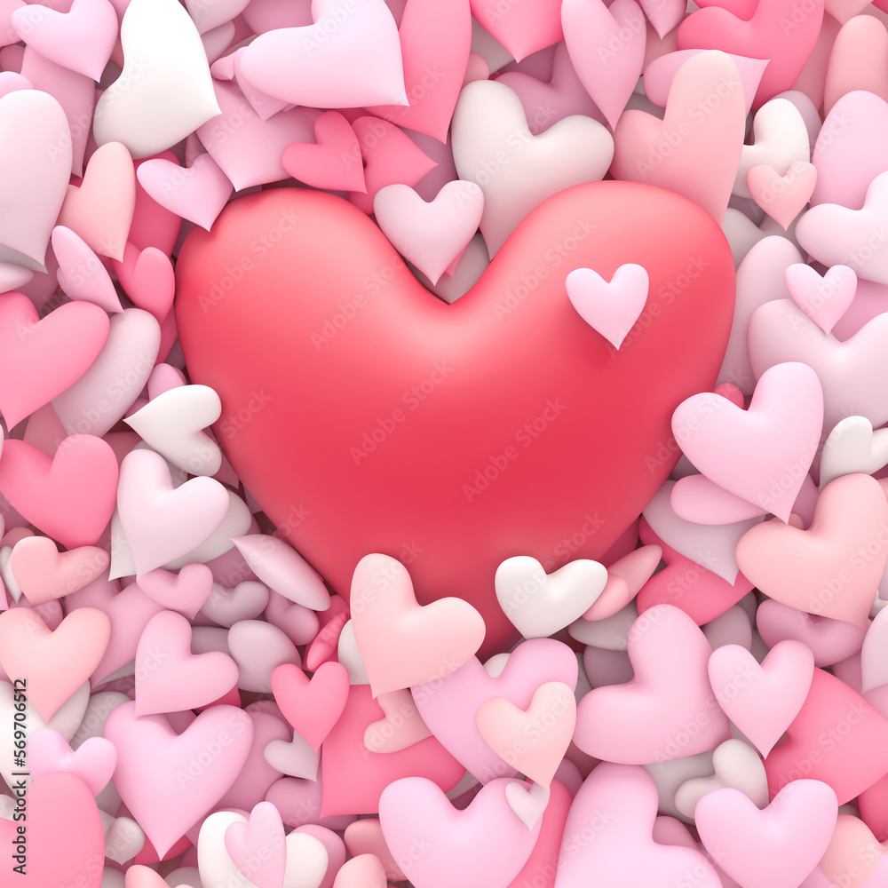 Pile of soft pastel pink hearts with large center red heart for Valentine's day or other romantic themed holiday. 3d Render.