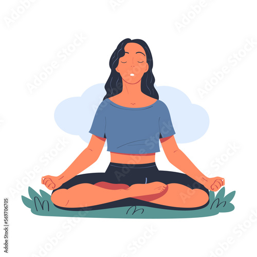 Peaceful brunette girl meditating in lotus position on nature cartoon vector illustration