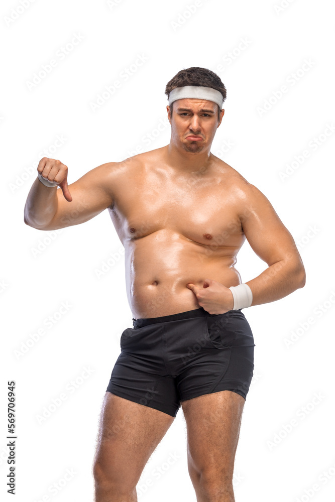 Funny fat man chooses between burger and fitness with dumbbells. Not sporty men eating hamburger isolated on white background.