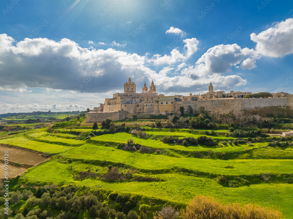 Aerial drone view of old capital of Malta, Mdina city, main church