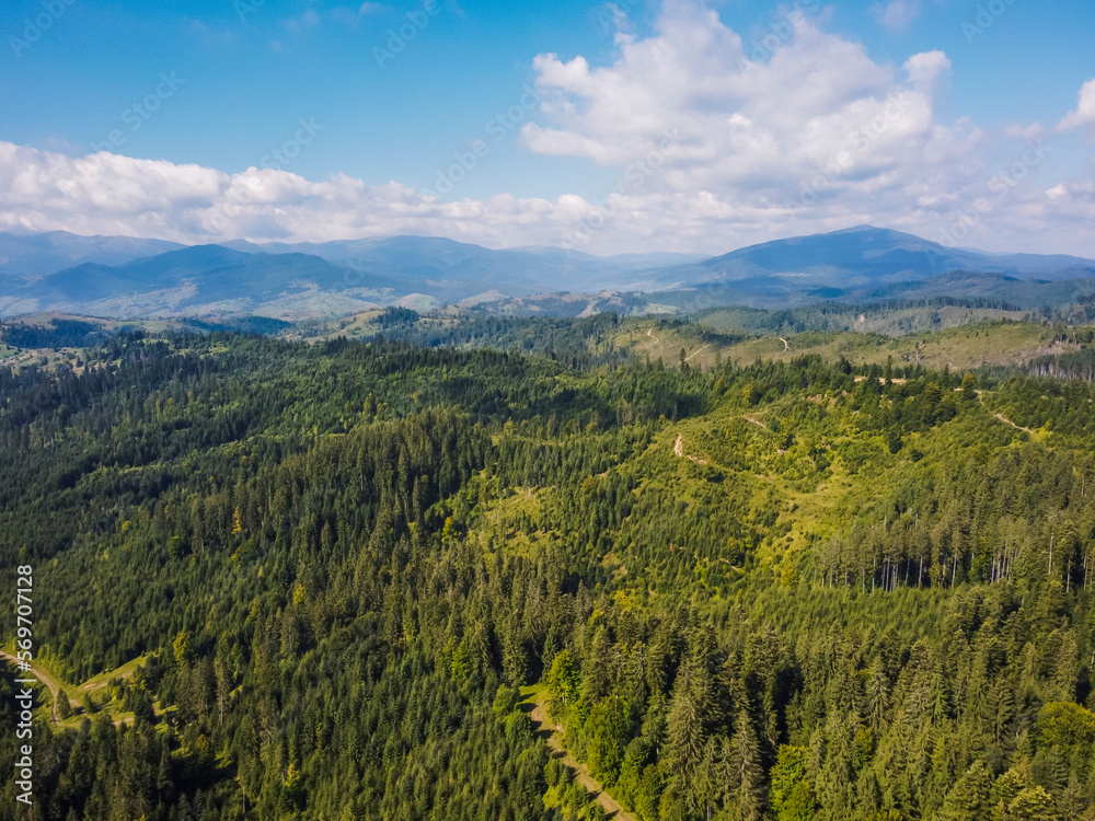 Aerial vIew by drone. Summer. Ukraine Carpatian mountains. 