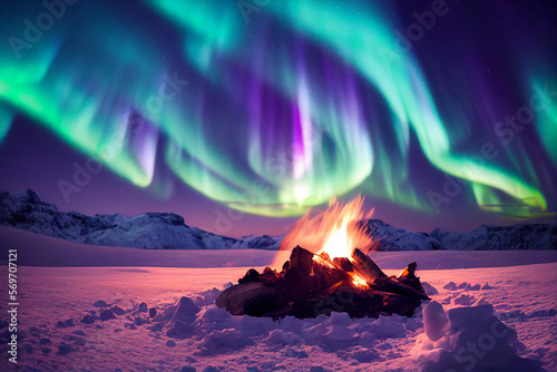 Northern Lights over the winter mountain and campfire. Aurora borealis with starry in the night sky. Fantastic Winter Epic Magical Landscape. Generative AI 