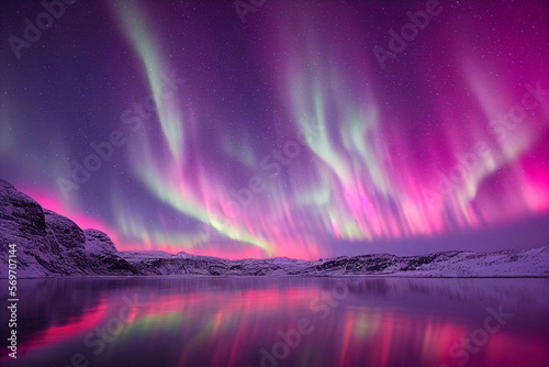 Northern Lights over lake. Aurora borealis with starry in the night sky. Fantastic Winter Epic Magical Landscape of snowy Mountains. Norwegian fjords. Northern harsh nature. Generative AI	 
