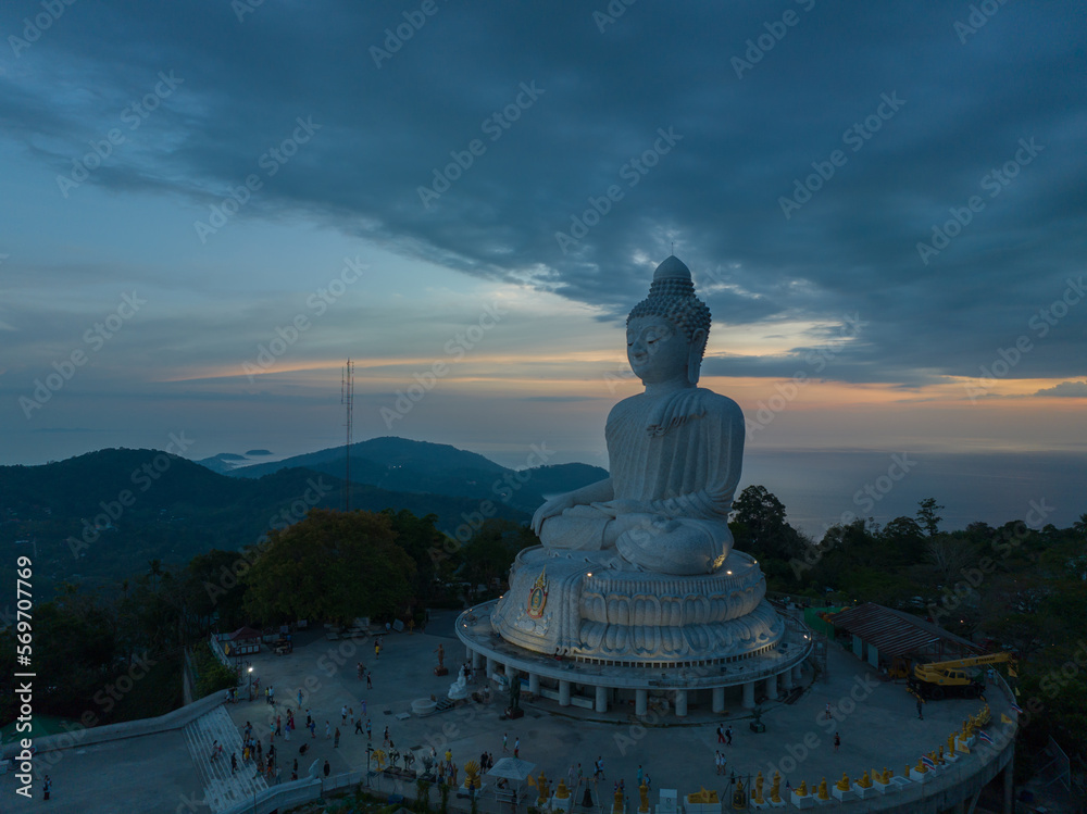 aerial photography scenery blue sky and blue sea at Phuket big Buddha. .aerial view Phuket Big Buddha is one of the island most important and revered landmarks on Phuket island..blue sky and blue sea 