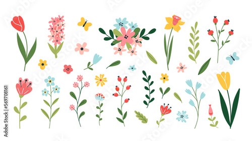 Set of flowers and floral elements isolated on a white background. Wedding concept with flowers. Floral poster, invite. Vector compositions for greeting card or invitation design.