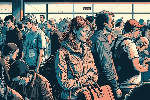Crowded airport terminal with passengers standing in long lines and visibly frustrated, concept of Time-Consuming and Stressful, created with Generative AI technology