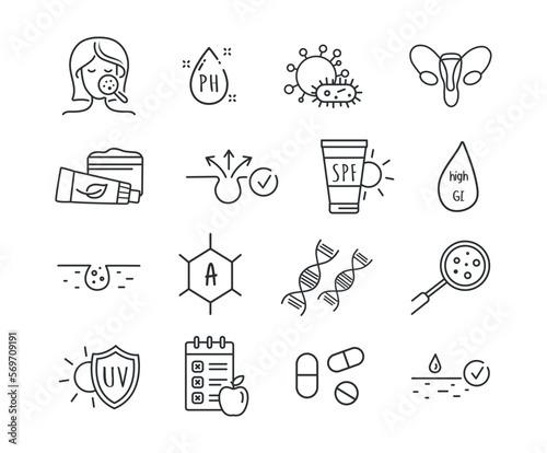 Acne icons set. Collection of graphic elements for website. Skin care, blackheads, cosmetics and spa treatments. Creams and sprays. Cartoon flat vector illustrations isolated on white background