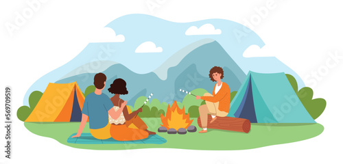 Camping with friends. Men and women near tents sit and roast marshmallows on campfire. Weekends and holiday outdoors. Active lifestyle and hiking, leisure and travel. Cartoon flat vector illustration