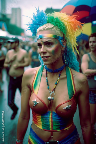portrait of a woman parading at gay pride carnival, image created with ia