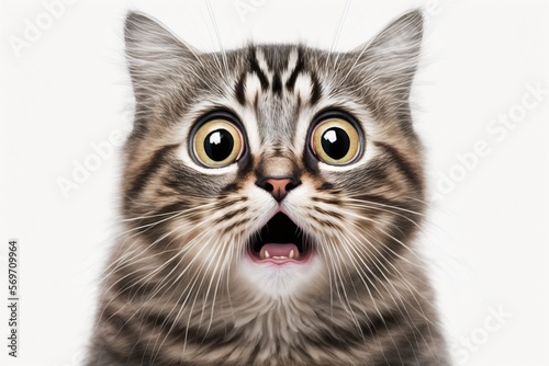 Portrait of frightened cat isolated on white background, concept of Feline Fear and Isolation, created with Generative AI technology
