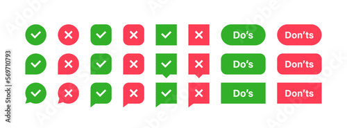 Super set different shape check mark and cross mark. Yes or No, Dos or Donts, Approved or Rejected, Correct or Wrong. Design concept for web and mobile apps. Vector illustration