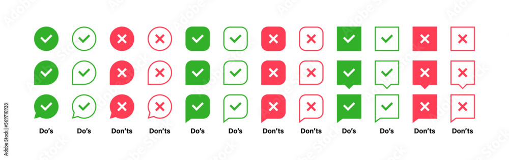 Super set different shape check mark and cross mark. Yes or No, Dos or Donts, Approved or Rejected, Correct or Wrong. Design concept for web and mobile apps. Vector illustration Super set different shape check mark and cross mark. Yes or No, Dos or Donts, Approved or Rejected, Correct or Wrong. Design concept for web and mobile apps. Vector illustration