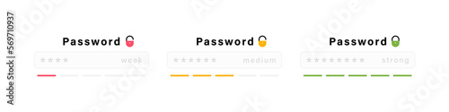 Password reliability indicator. Password weak, medium and strong. Authorization, login to account and sign up concept. Cyber security technology. Vector illustration