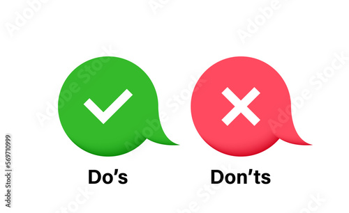 Do's and don'ts button label with check mark and cross mark on 3d messages bubble. Design concept for web and mobile apps. Yes or no buttons. Vector Illustation