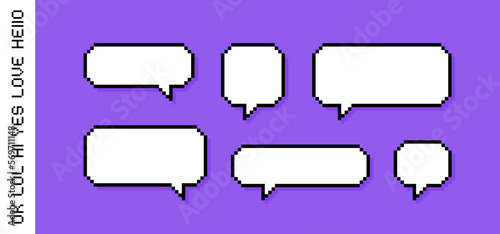 Set different shape pixel speech bubble. Geometric texting dialogue boxes. Colored quote box speech bubble. Modern vector illustration