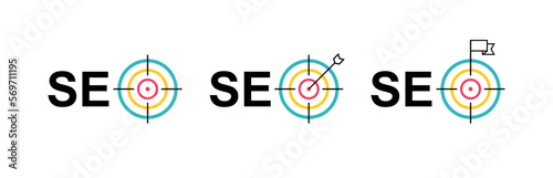 SEO icon with target. SEO Optimization, analytics and Marketing. The concept of achieving a goal in SEO. Vector illustration