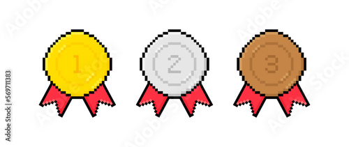 8 bit pixel art gold, silver, bronze medal with red ribbon. 1st, 2nd and 3rd places. Vector illustration