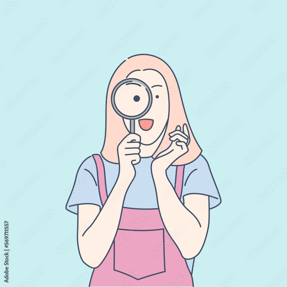 young woman and magnifying glass. Hand drawn style vector design illustration young woman and magnifying glass. Hand drawn style vector design illustration