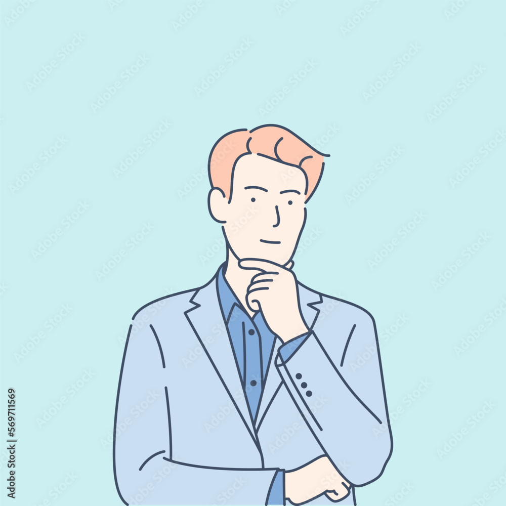 Thoughtful businessman in suit touching chin thinking and looking at camera, hand drawn style vector design illustration