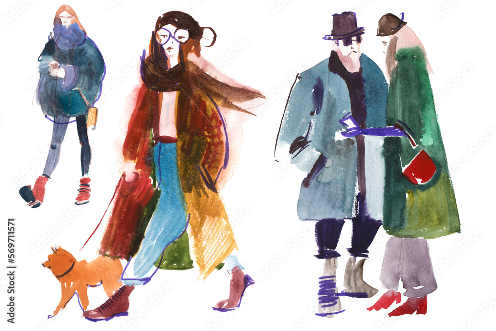 People drawn in watercolor illustration.