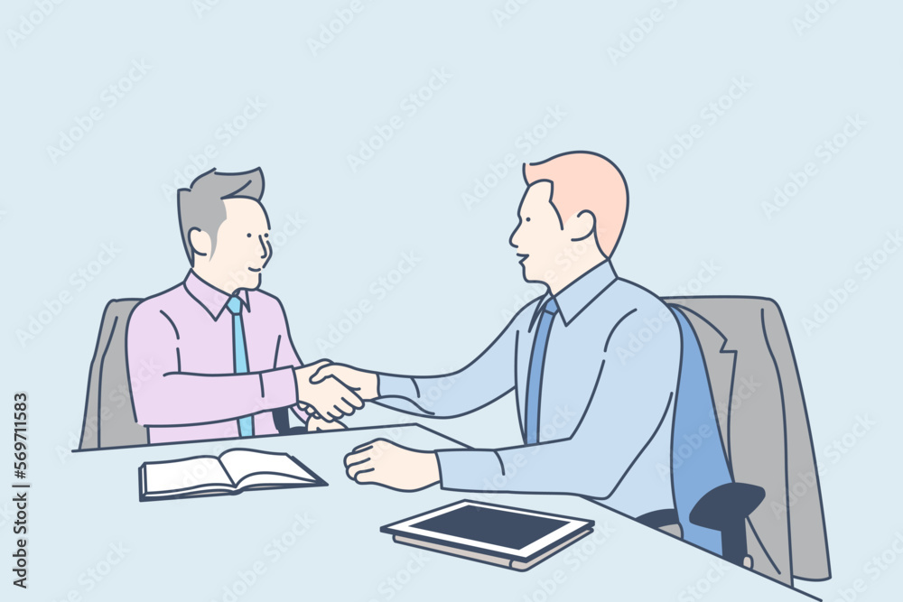 Two people shaking hands in agreement, hand drawn style vector design illustration Two people shaking hands in agreement, hand drawn style vector design illustration