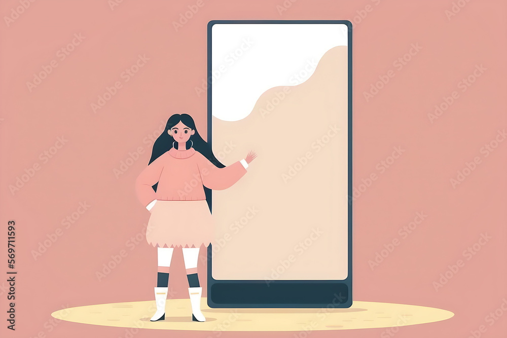 Flat vector illustration Full body smiling funny young woman wearing pink sweater holding big huge blank screen phone with workspace copy space mockup area with holding smartphone isolated on simple p Flat vector illustration Full body smiling funny young woman wearing pink sweater holding big huge blank screen phone with workspace copy space mockup area with holding smartphone isolated on simple p