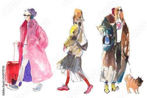 Trendy young women in outerwear watercolor illustration.