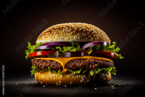 Burger on a black background, juicy burger with sesame, close-up. Delicious burger isolated on black. Beef burger fast food. Ai Generative illustration.