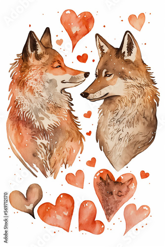 Cute illustrations in Water colorof two cute wolves in love, hearts and flowers, love card for valentine ,Generative AI photo