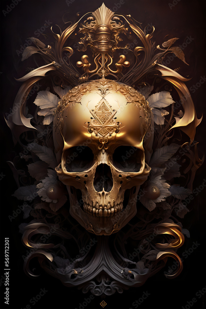A gilded, regal skull, set against a backdrop of rich velvet and gold, surrounded by a golden aura