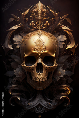 A gilded  regal skull  set against a backdrop of rich velvet and gold  surrounded by a golden aura