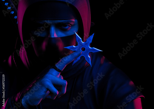 Close-up of ninja with shuriken between fingersin neon lights. Traditional ninja style. 3d illustration.