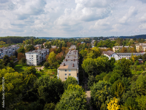 Aerial vIew of city Novyy Rozdil by drone. Summer Ukraine Lviv region, West Ukraine.
