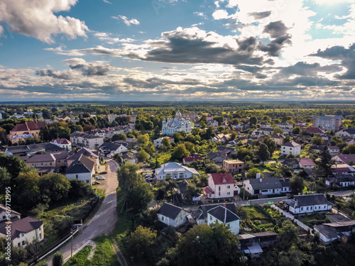 Aerial vIew of Zhudachiv city by drone. Summer Ukraine Lviv region, West Ukraine. Panorama.