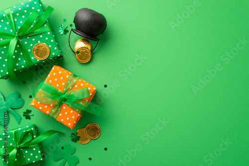 Saint Patrick's Day concept. Top view photo of gift boxes with bows pot with gold coins shamrocks and clover shaped confetti on isolated green background with copyspace