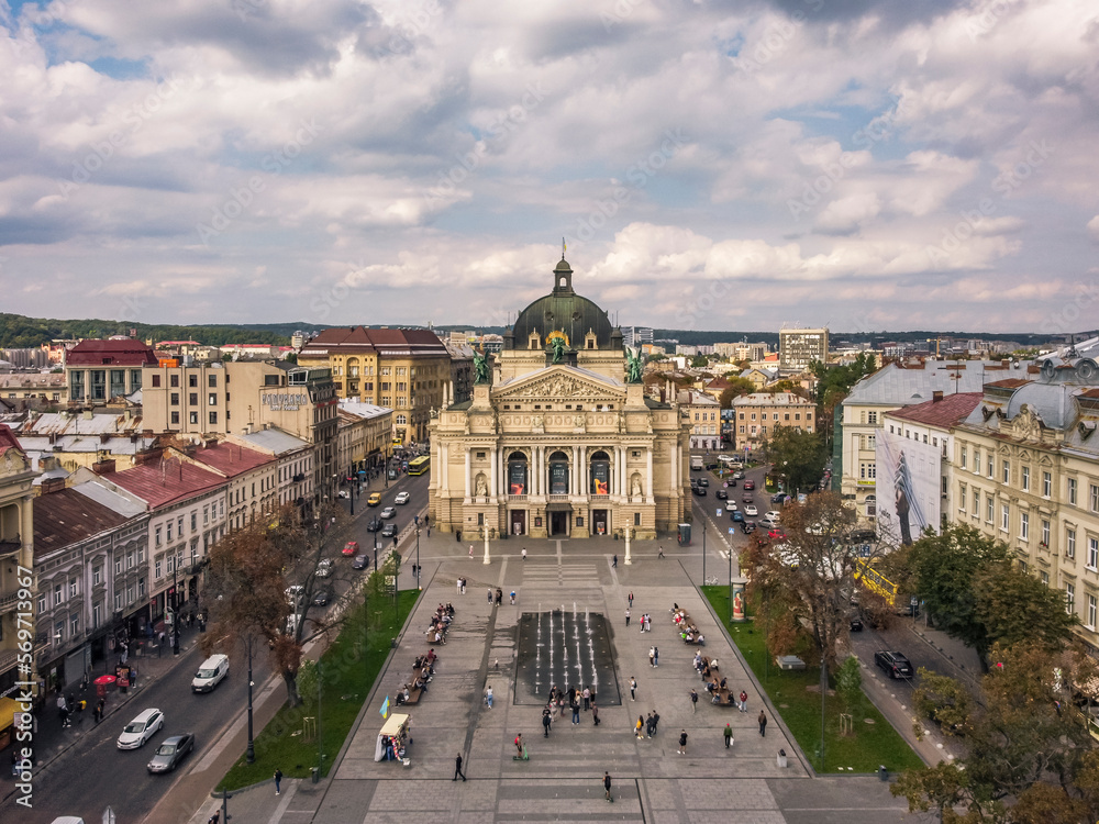 Aerial view of architecture of Lviv by drone. Summer Ukraine Lviv region, West Ukraine. 