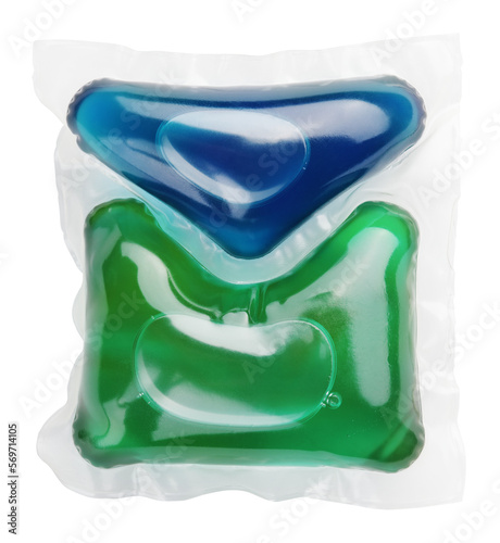Washing gel capsule pod with laundry detergent transparent on white background photo