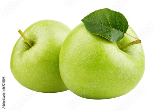Two ripe green apple fruits with apple leaf isolated on transparent background.