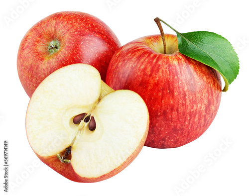 Ripe red apple fruit with apple half and apple leaf isolated on transparent background. Red apples and leaf