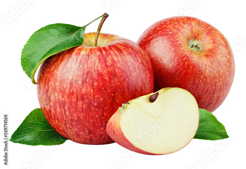 Ripe red apple fruit with slice and green leaves isolated on transparent background. Red apples and leaves