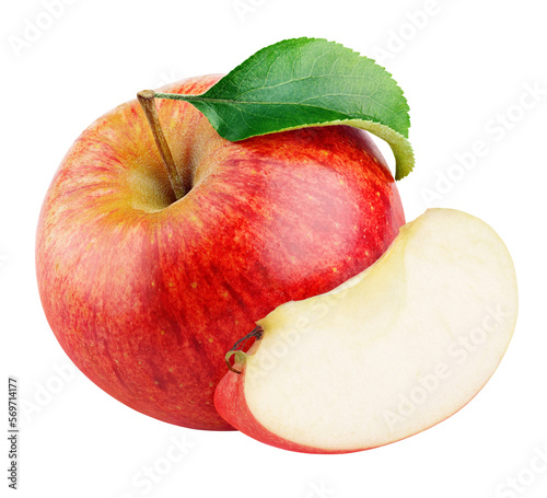 Ripe red apple fruit with apple slice without seed and green leaf isolated on transparent background