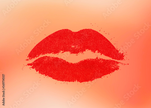 Obraz na plátně The distressed mark of red lipstick (a pair of female lips), printed on a peachy blurred background