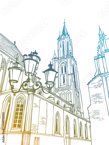 Nice view of ancient European architecture. Hand drawn sketch style. Vintage street lamps. Vector illustration.