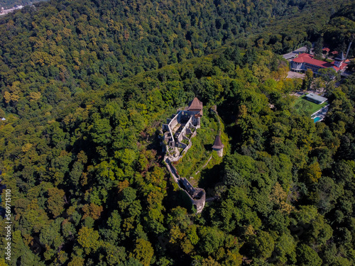 Aerial vIew by drone. Summer. Nevytske castle, fortess, Zakarpattia Ukraine Castles 