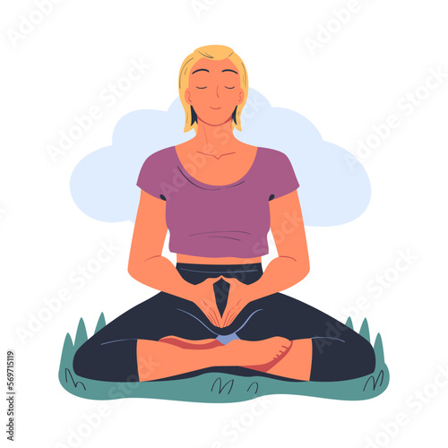 Beautiful woman with blonde short hair meditating while sitting in lotus position on nature. Meditation practice, harmony, healthy lifestyle cartoon vector illustration