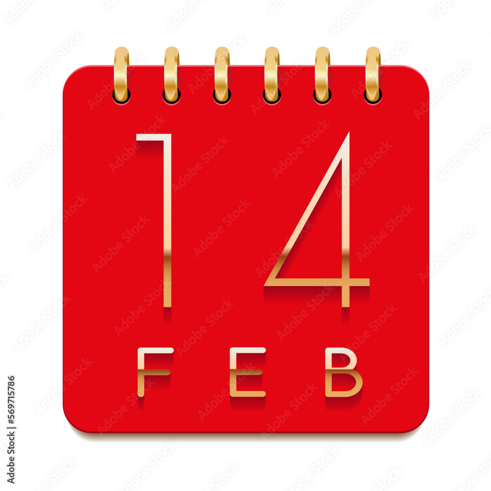 14 day of the month. February. Luxury calendar daily icon. Date day week Sunday, Monday, Tuesday, Wednesday, Thursday, Friday, Saturday. Gold text. Red paper. Vector illustration. 14 day of the month. February. Luxury calendar daily icon. Date day week Sunday, Monday, Tuesday, Wednesday, Thursday, Friday, Saturday. Gold text. Red paper. Vector illustration.