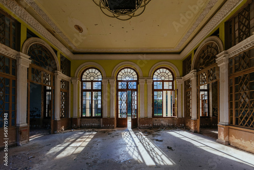Abandoned ruined interior of railway station in Tskaltubo  Georgia